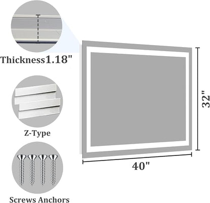 Koonmi 40x32 LED Bathroom Mirror, Shatterproof Mirror with Light | 90CRI Vanity Mirror with Anti-fog Backlit + Front Lit, 3 Color, Easy Install for Bathroom Hotel (IP65)