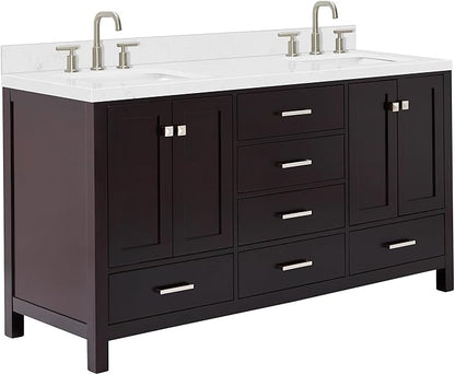 ARIEL Cambridge 66-inch Bathroom Vanity with Sink,Solid Wood, 1.5-inch Carrara White Quartz Countertop, Double Rectangular Porcelain Sink, 4 Soft Closing Doors, 6 Dovetail Drawers, Espresso