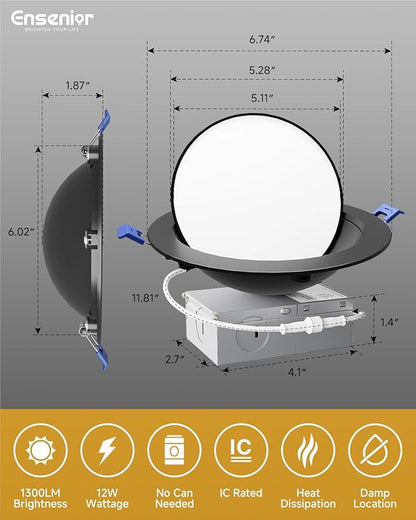 Ensenior 6 Pack 6 inch LED Eyeball Recessed Lighting, 360°+90° Rotatable and 2700K-5000K Selectable, CRI90+, Dimmable Gimbal Recessed Lights, 1300LM, 12W=115W-FCC, Black