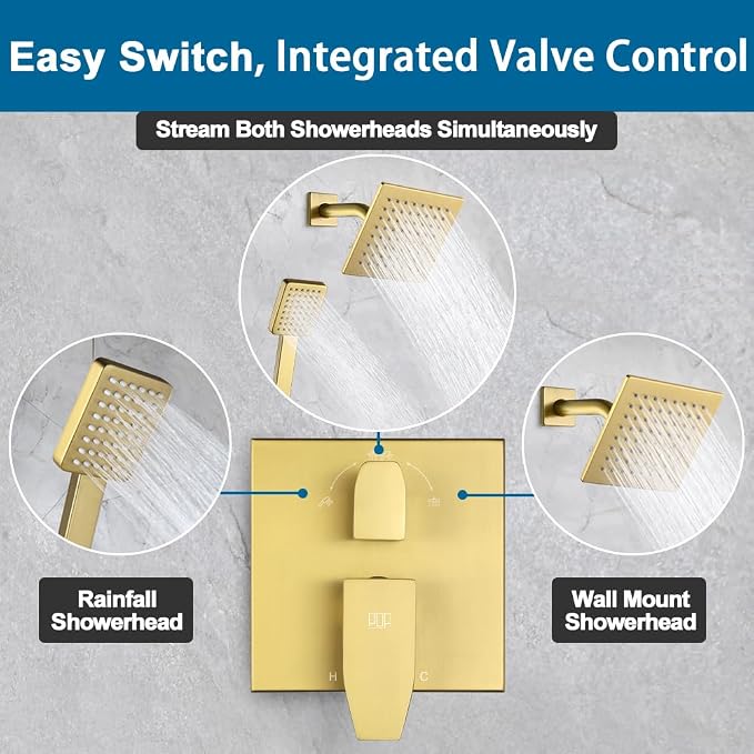9246-88G POP SANITARYWARE Shower Faucet Set Brushed Gold 6 Inch Thickened Shower Head and Handle Set Shower System Wall Mounted Shower Fixture Include Shower Valve and Trim Kit