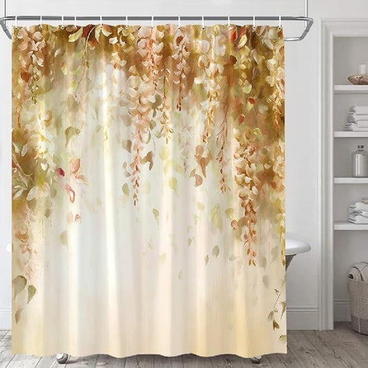 Fall Floral Flower Shower Curtain Watercolor Weeping Orange Lavender Vine Yellow Autumn Leaves on Blurred Background with Dreamy Farmhouse Girl Woman Bathroom Decor Set Polyester Curtains with Hooks