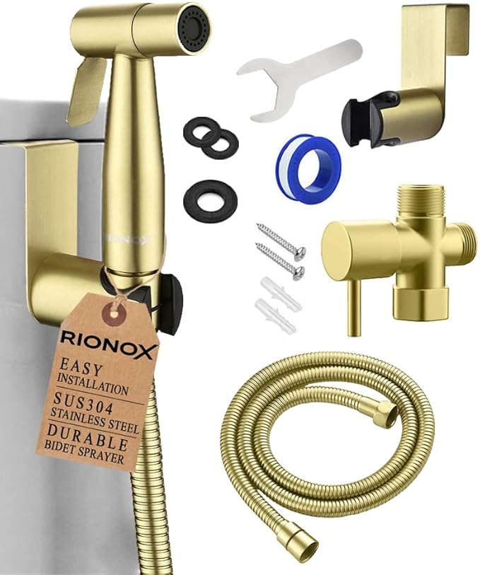 Handheld Bidet Sprayer Kit - Adjustable Water Pressure Jet for Toilet, Bidet for Toilet, Easy Installation, Quality Stainless Steel, Durable Internals, Leakproof Design (Gold)