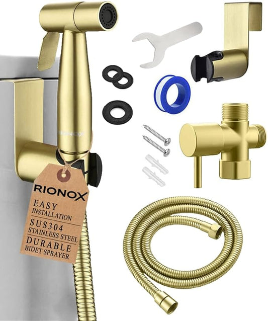 Handheld Bidet Sprayer Kit - Adjustable Water Pressure Jet for Toilet, Bidet for Toilet, Easy Installation, Quality Stainless Steel, Durable Internals, Leakproof Design (Gold)
