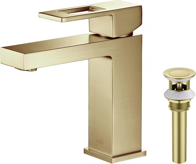 Solid Brass Single Handle Bathroom Sink Faucet with Pop-Up Drain, High Arc Cubic Spout Lavatory Faucet in Brushed Gold | Corrosion-Resistant, Modern Design (Brushed Gold, KBF1002)