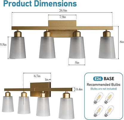 Lightdot 4 Light Bathroom Vanity Light, 26.5" Gold Bathroom Light Fixtures with Frosted Glass Waterproof Shades, Rust-Proof Modern Vanity Lights Over Mirror for Kitchen Hallway Cabinet Porch