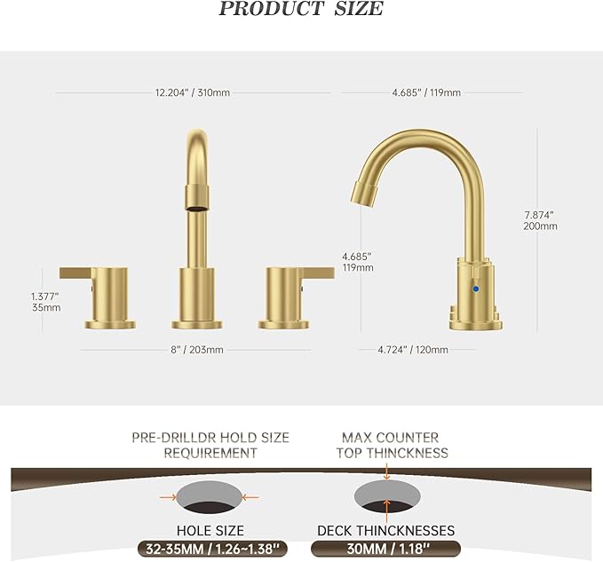 Phiestina Brushed Gold 3 Hole 8 Inch Widespread Bathroom Sink Faucet, Bathroom Faucet Set with Metal Pop UP Drain and Valve, WF15-1-BG