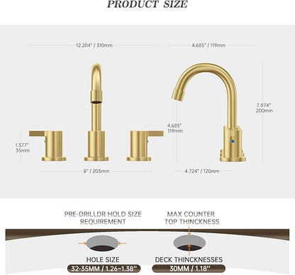 Phiestina Brushed Gold 3 Hole 8 Inch Widespread Bathroom Sink Faucet, Bathroom Faucet Set with Metal Pop UP Drain and Valve, WF15-1-BG