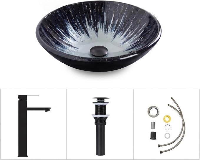 Bathroom Artistic Sink, Tempered Glass Vanity Round Bowl, Midnight Blue | Black Faucet, Pop Up Drain, Above Counter, Easy Clean