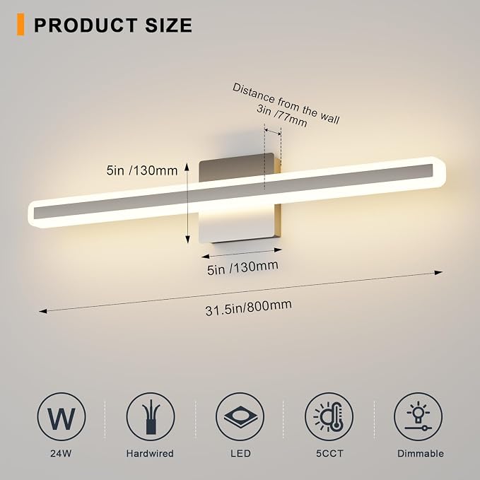 31.5 Inch Dimmable Bathroom Vanity Lights Over Mirror 5 Color Temperature Vanity Lighting Fixtures for Bath Brushed Nickel Bathroom Light fixtures Bar 5CCT