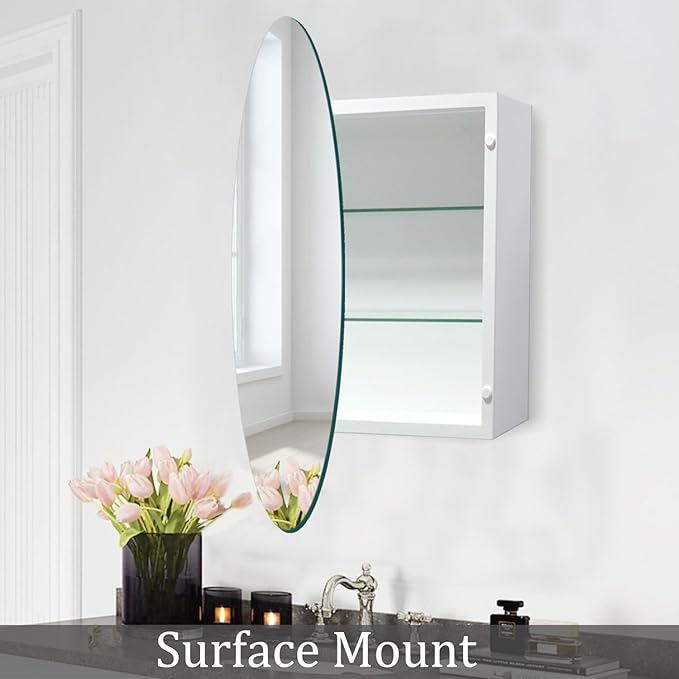 30 Inches Round Bathroom Medicine Cabinet, Frameless Circle Mirror Cabinet Wall Mounted Cabinet with Surface Mount Installation