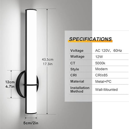 OOWOLF 17.3 Inch LED Vanity Light, 12W 1200LM 5000K Daylight Dimmable Bathroom Light Vertical or Horizontal, Modern Bathroom Led Wall Sconces, Energy Saving, for Mirror Bedroom Living Room Hallway