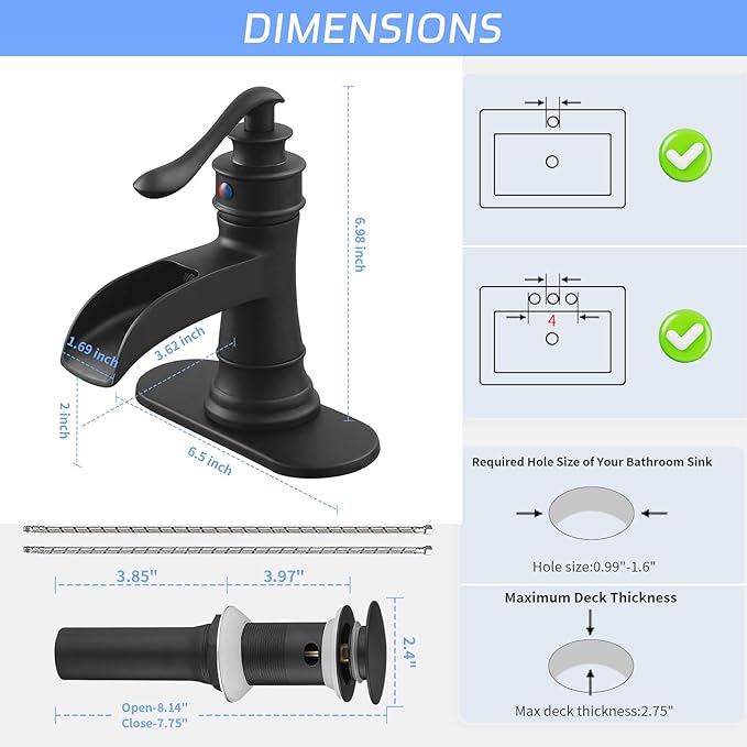 BWE Matte Black Waterfall Bathroom Sink Faucet 1 Hole or 3 Hole, Single Handle Lavatory Faucet with Brass Pop-Up Drain and Water Supply Lines