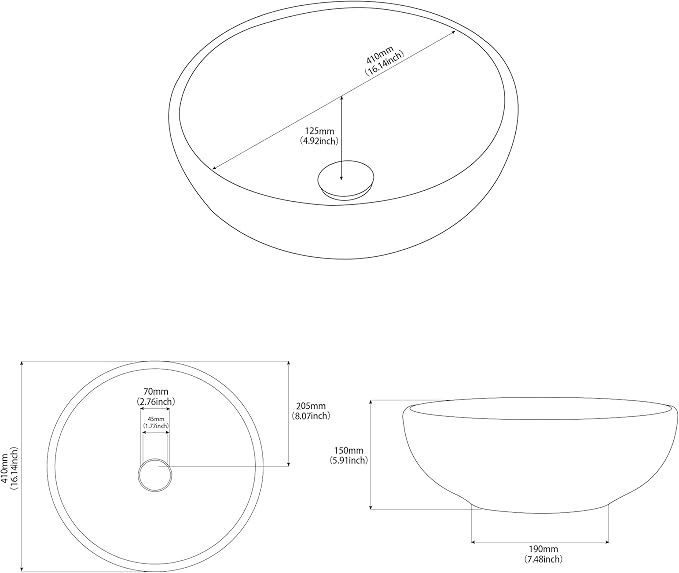 Vessel Sink Round 16 Inch Bathroom Sink, Counter Top Black+ White Marble Color Cloakroom Porcelain Ceramic Vessel Vanity Sinks Art Basin for Bathroom