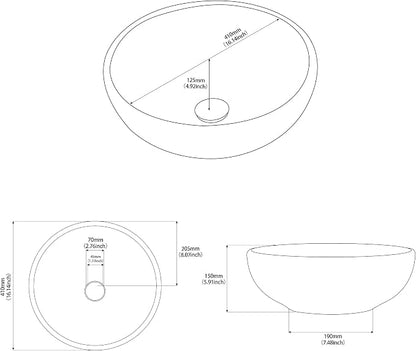 Vessel Sink Round 16 Inch Bathroom Sink, Counter Top Black+ White Marble Color Cloakroom Porcelain Ceramic Vessel Vanity Sinks Art Basin for Bathroom
