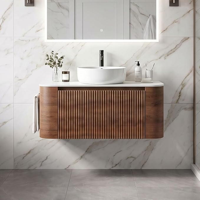 36" Preassembled Floating Bathroom Vanity with Round Sink, Walnut | Mid-Century Modern Style, Fluted & Soft-Close Drawer with U-shaped Wall, Sinterted Stone Countertop, Towel Rack Included