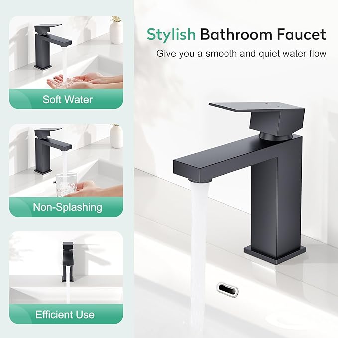 Faustina Matte Black Bathroom Faucet, Single Handle Stainless Steel Bathroom Vanity Faucet with Metal Pop-Up Drain and Deck Plate for 1 or 3 Hole
