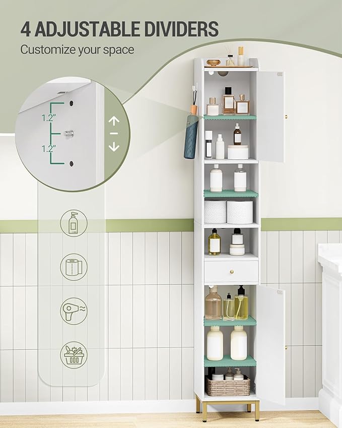 Bathroom Cabinet with Adjustable Shelves & Door, Freestanding Tall Floor Storage Cabinet with Drawer - Narrow Toilet Paper Organizer for Bathroom, White BC29013G