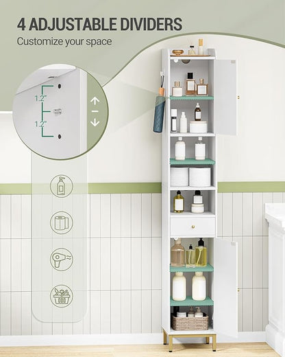 Bathroom Cabinet with Adjustable Shelves & Door, Freestanding Tall Floor Storage Cabinet with Drawer - Narrow Toilet Paper Organizer for Bathroom, White BC29013G