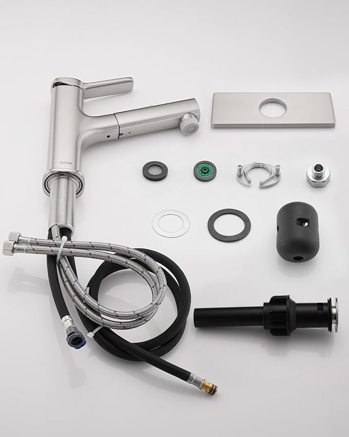 Pull Out Bathroom Faucet, Single Handle Bathroom Sink Faucet with Pull Out Sprayer, Bathroom Faucet for Sink, with Pop-up Drain & Deck Plate 1 or 4-inch Centerset 3 Hole, Brushed Nickel