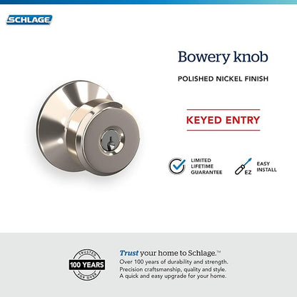 Schlage F51A BWE 618 PLY Bowery Knob with Plymouth Trim Keyed Entry Lock, Polished Nickel