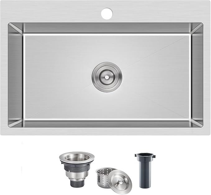 28"x18" Drop-In Kitchen Sink 304 Stainless Steel Brushed | 28 inch Drop in Sink | 304 SS Handmade | Topmount | 9" Deep Bowl | Drain Kit Included | Family Kitchen/Prep | Large Capacity
