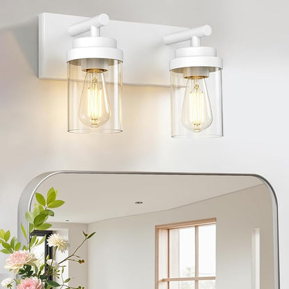 IZORRO Bathroom Vanity Light Fixture, 2-Light 15 Inch White Bathroom Light Fixtures Over Mirror, with Clear Glass Shade, Modern Farmhouse Vanity Lights, Rustic Restroom Lighting Fixtures