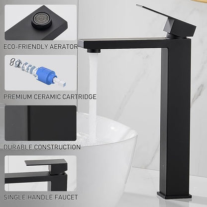 Matte Black Vessel Sink Faucet, 1 Hole Single Handle Tall Bathroom Vanity Faucets, Modern Utility Rv Laundry Bath Restroom Mixer Tap with Metal Pop Up Drain and 2 Water Supply Lines
