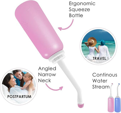 RUFCRIL Peri Bottle, 2-Pack Portable Travel Bidet with Bag, TPE Material Can Be Boiled, 17oz/500ml with 2 Sealing Rings,Essentials for Postpartum Perineal Care,Hemorrhoid Treatment,and Baby(Pink/Blue)