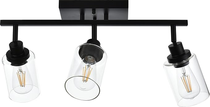 MELUCEE 3 Light Bathroom Vanity Light Black Track Lighting Fixtures Ceiling, Vanity Lighting Fixtures with Rotatable Track Head for Hallway Porch Foyer Bath Storage, Clear Glass Shade