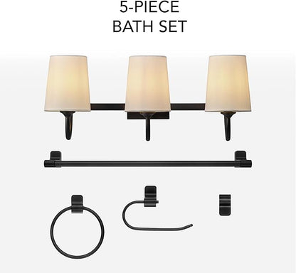 Globe Electric 63000206 5-Piece All-in-One Bathroom Set, 3-Light Vanity Light, Matte Black, Linen Shades, Towel Bar, Robe Hook, Toilet Paper Holder, Towel Ring, Bathroom Lights Over Mirror