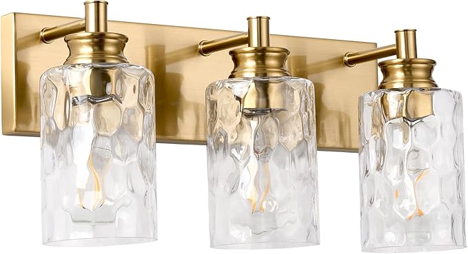 3 Light Bathroom Vanity Light Modern Brushed Gold Bathroom Light Fixtures Over Mirror with Hammered Glass Lampshade for Kitchen Hallway