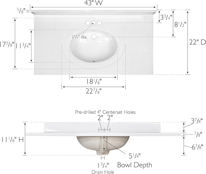 Design House Cultured Marble Vanity Top, 43 in W x 22 in D, Integrated 4 in Centerset Oval Sink & Backsplash, Solid White, 586156 | With Backsplash, , Countertop, Classic, Cultured Marble, Bath, 586156