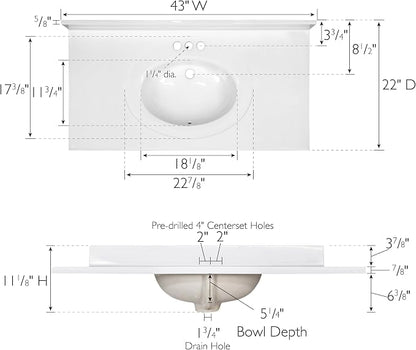 Design House Cultured Marble Vanity Top, 43 in W x 22 in D, Integrated 4 in Centerset Oval Sink & Backsplash, Solid White, 586156 | With Backsplash, , Countertop, Classic, Cultured Marble, Bath, 586156