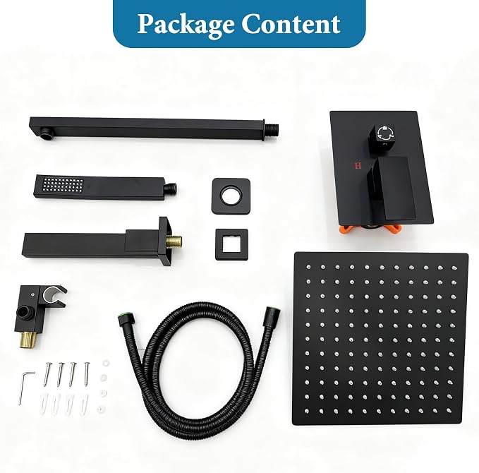 12 inch Square Shower Head and Handheld Set, Gasecoet Shower System with Tub Spout Wall Mounted Shower Faucet for Bathroom - Matte Black (With Shower Valve)