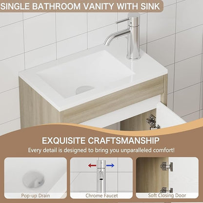 wonline 16” Small Bathroom Vanity Sink Combo for Small Space Wall Mounted Cabinet Set White Resin Basin Sink Top Chrome Faucet
