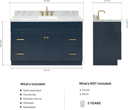 DKB Bradford 54" Midnight Blue Bathroom Vanity with Sink, 1.5" Italian Carrara Marble Countertop, Rectangular Undermount Sink, Solid Wood Frame, 2 Soft-Closing Doors, 4 Dovetail Drawers
