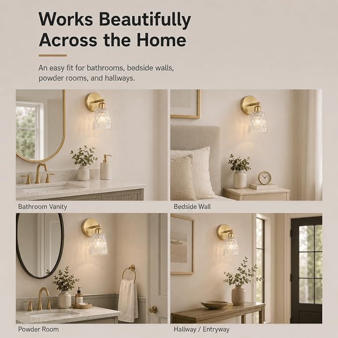 Brushed Gold Bathroom Wall Sconce, 1-Light Stainless Steel Vanity Light Over Mirror with Textured Glass Shade, Modern E26 Fixture for Bathroom Lighting (Bulb Not Included)