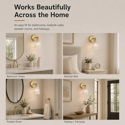 Brushed Gold Bathroom Wall Sconce, 1-Light Stainless Steel Vanity Light Over Mirror with Textured Glass Shade, Modern E26 Fixture for Bathroom Lighting (Bulb Not Included)