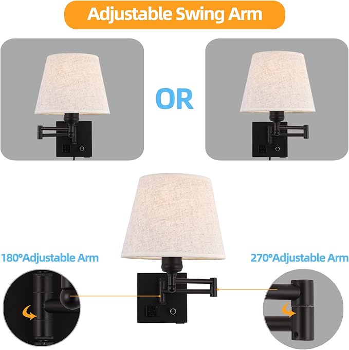 Bedside Wall Mount Light with Dimmable Switch and Outlet, Swing Arm Fabric Shade Wall Sconce Light with USB Port and Plug in Cord, Black Wall Lamp for Bedroom, Living Room and Hotel