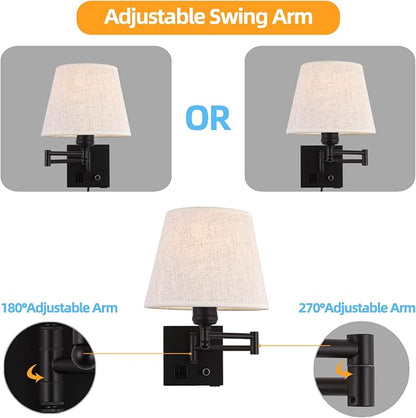 Bedside Wall Mount Light with Dimmable Switch and Outlet, Swing Arm Fabric Shade Wall Sconce Light with USB Port and Plug in Cord, Black Wall Lamp for Bedroom, Living Room and Hotel