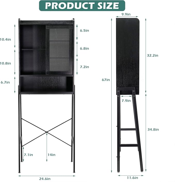 SUNTAGE Over Toilet Storage Cabinet for Bathroom, Over Toilet Shelf Organizer, Freestanding Space Saver with Adjustable Shelves, Wide Open Shelf, Acrylic Sliding Door, Metal Frame, Black