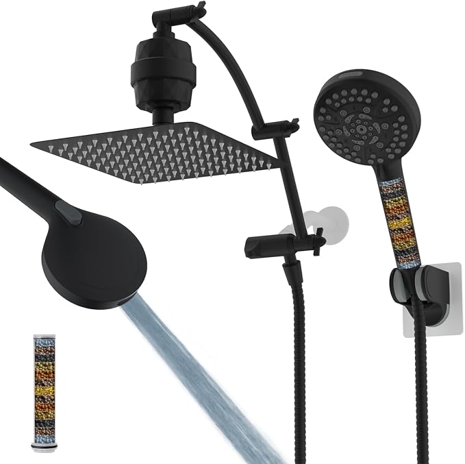Hibbent 10" Dual Filtered Shower Head Combo, 10-spray Handheld, Black | All Metal High Pressure Rainfall Shower Head Combo with Filter, 16" Extension Arm, 3-way Diverter, 71" Hose & Shower Holder