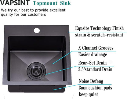 VAPSINT 15x15 Inch Black Drop In Bar Sink, Single Bowl Top Mount Handmade Gunmetal Black Wet Bar Prep RV Sink, 16 Guage Stainless Steel Outdoor Small Kitchen Sinks with Grid & Drain Strainer