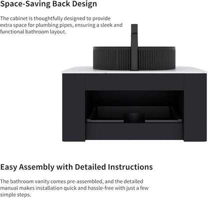 Yayzy 60" Floating Bathroom Vanity with Sink, Solid Wood Fluted Cabinet, Black Fluted Oval Ceramic Basin & Faux Marble Top, Soft-Close Drawer, Pre-Assembled, Gloss Black