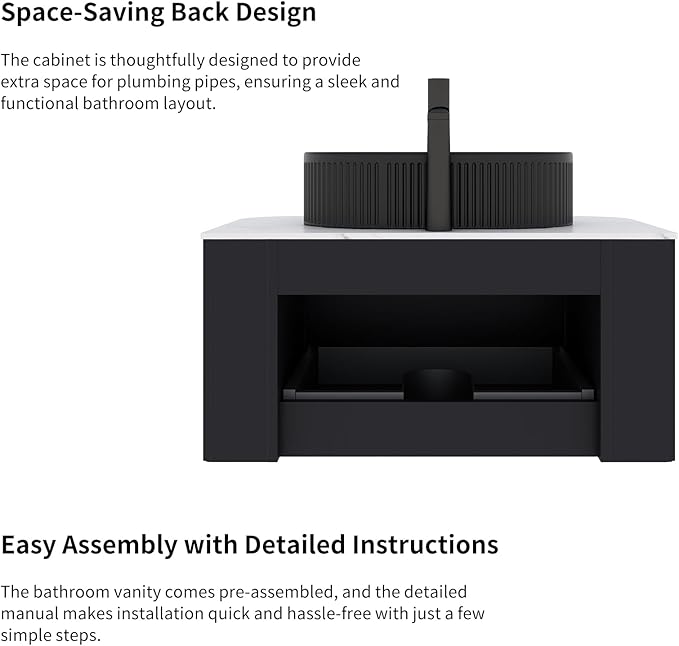 Yayzy 36" Floating Bathroom Vanity with Sink, Solid Wood Fluted Cabinet, Black Fluted Oval Ceramic Basin & Faux Marble Top, Soft-Close Drawer, Pre-Assembled, Gloss Black