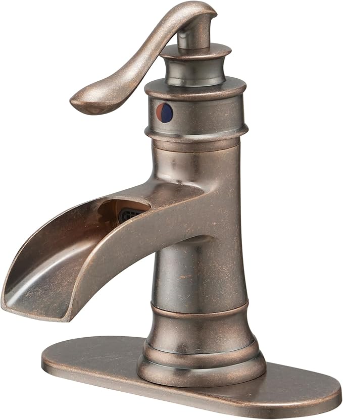 BWE Copper Bathroom Faucet Antique Brass Sink Vanity Bath Restroom Basin Single Handle Waterfall Rose Mixer Tap One Hole Lever Deck Mount Commercial