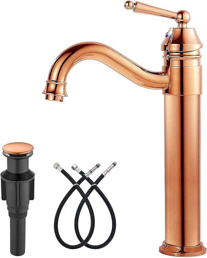 gotonovo Bathroom Vessel Sink Faucet Single Handle Brass Long Reach Bathroom Faucet 1 Hole Deck Mounted Mixer Tap with Pop Up Drain Rose Gold