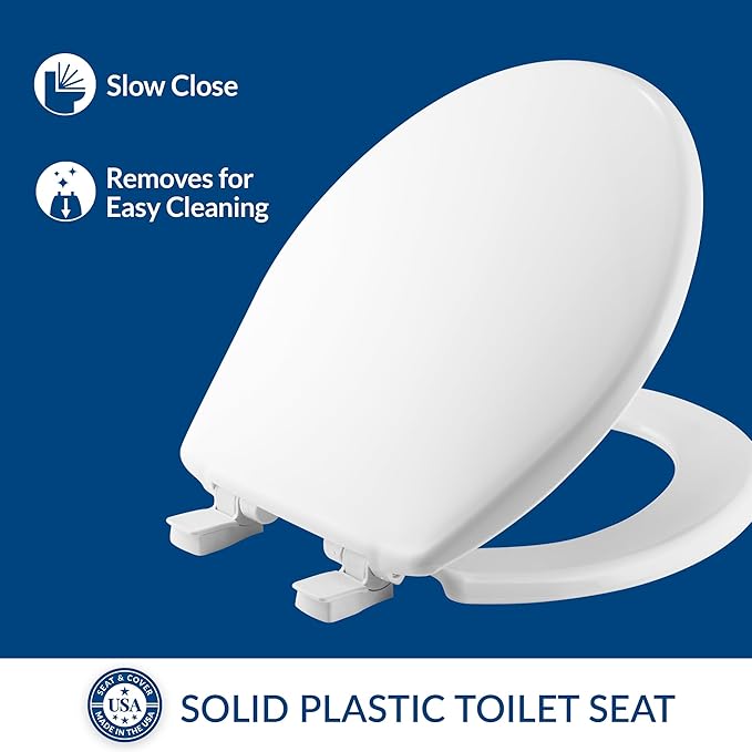 Bemis 730SLEC Slow Close Toilet Seat, Easy Clean Hinges and Durable Plastic Seat, Made in USA, Round, White
