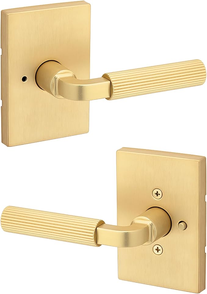 Kwikset Mirada Reeded Interior Privacy Door Handle with Lock, Handle for Bathroom and Bedroom, Satin Brass, Reversible Keyless Push Button Lock, with Microban Protection