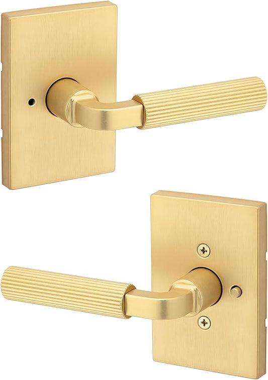 Kwikset Mirada Reeded Interior Privacy Door Handle with Lock, Handle for Bathroom and Bedroom, Satin Brass, Reversible Keyless Push Button Lock, with Microban Protection